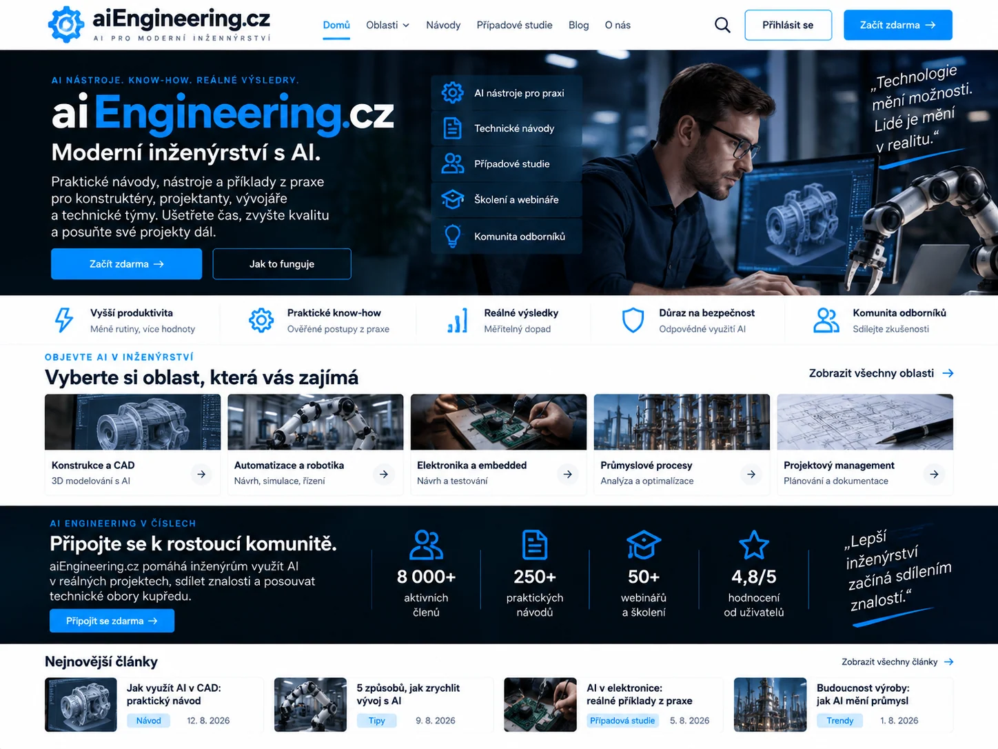 Ilustrační návrh inženýrského portálu aiEngineering.cz s technickými a výrobními přehledy
